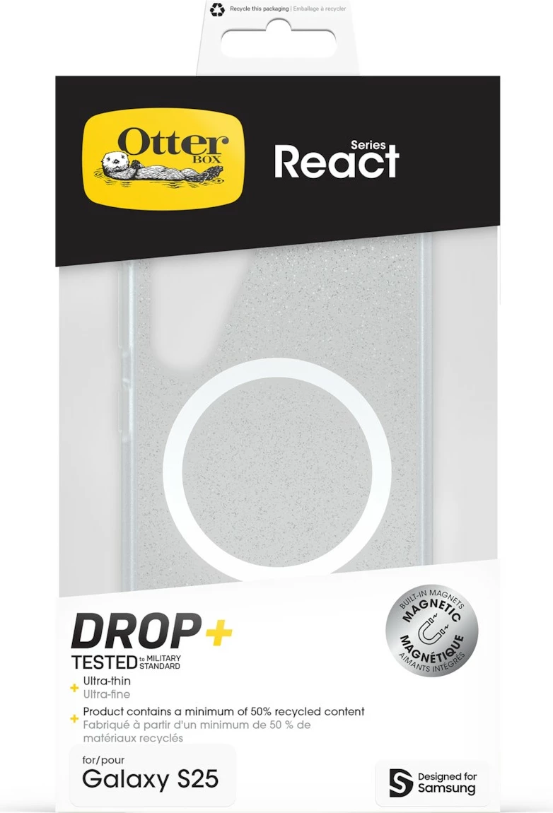 Tanek magnetni ovitek za Galaxy S25, Samsung Otterbox React, črn/prosojen