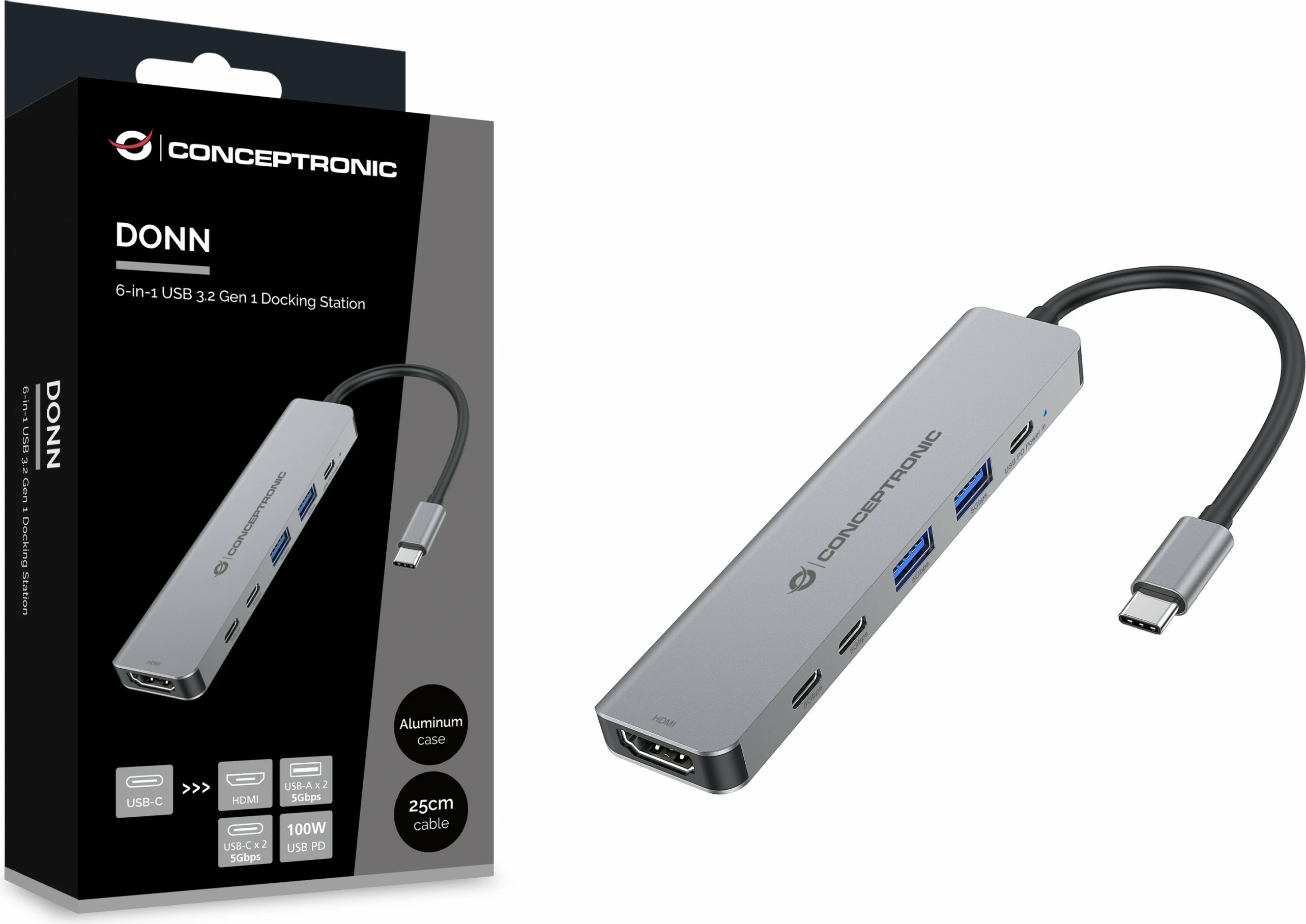 Docking postaja 6-v-1 Conceptronic, USB-C v HDMI/2xUSB-A/2xUSB-C, 25 cm, siva