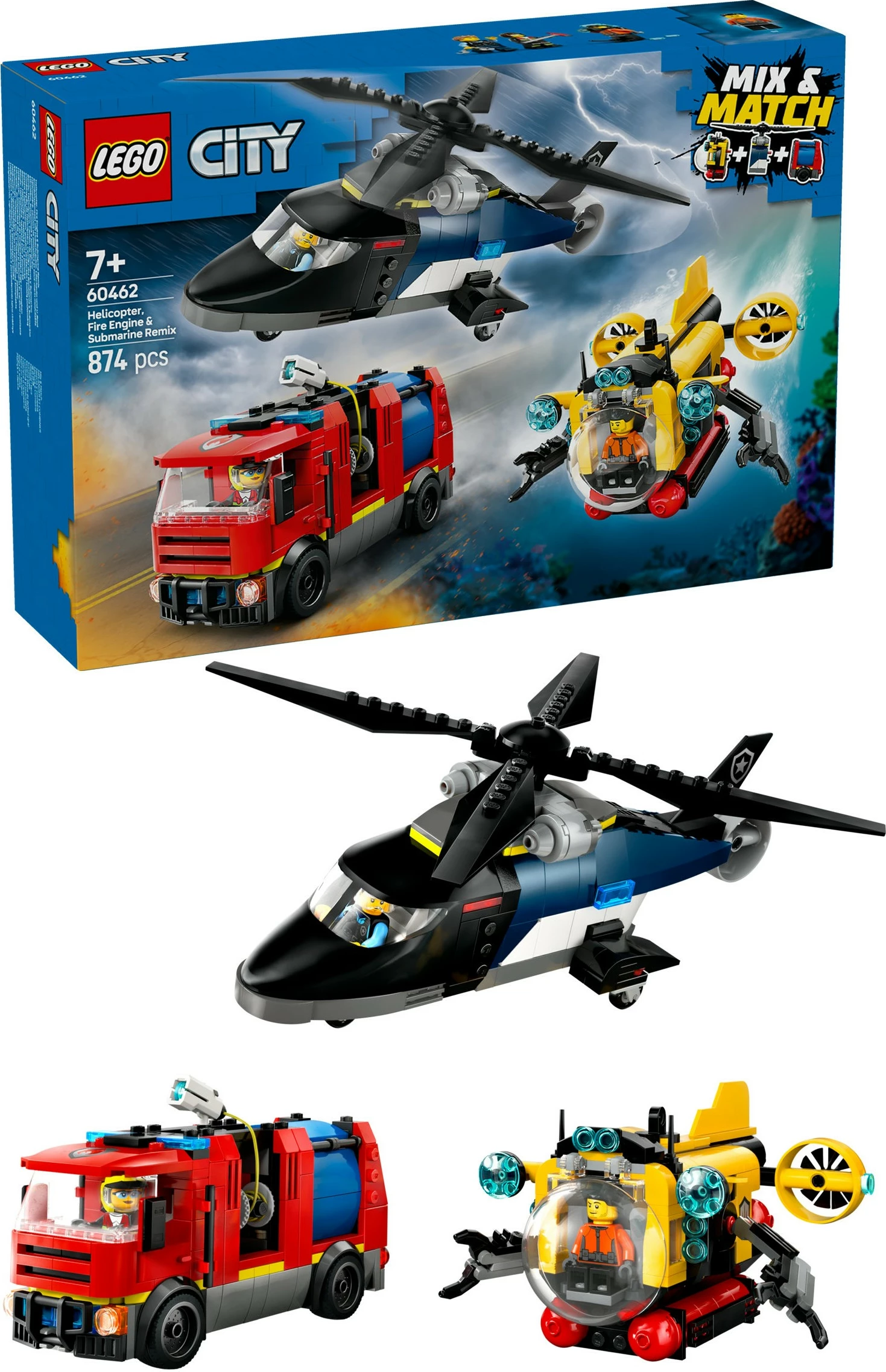 Igriv gradbeni set z 874 kosi, helikopter, gasilsko vozilo, podmornica LEGO City 60462, večbarven