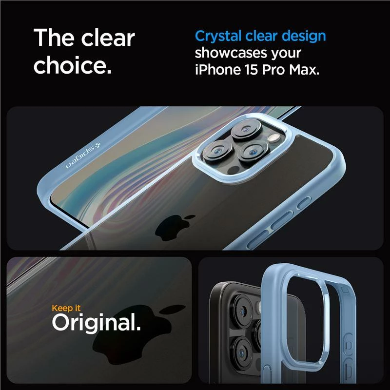 Prozoren moder ovitek za telefon Spigen Crystal Hybrid za iPhone 15 Pro Max