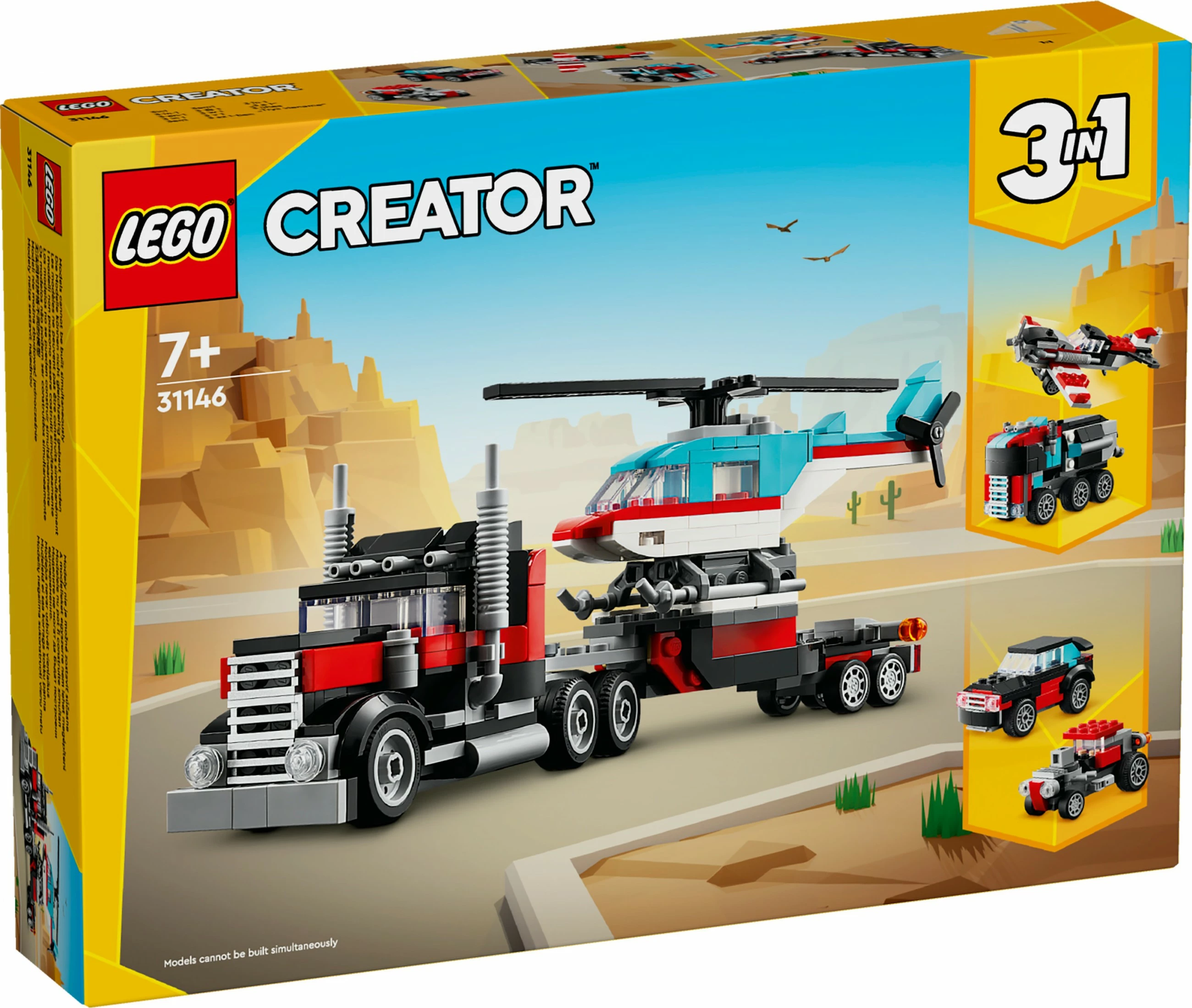 Set za gradnjo LEGO Creator 3 v 1, tovornjak s platformo in helikopter, 270 kosov, večbarven