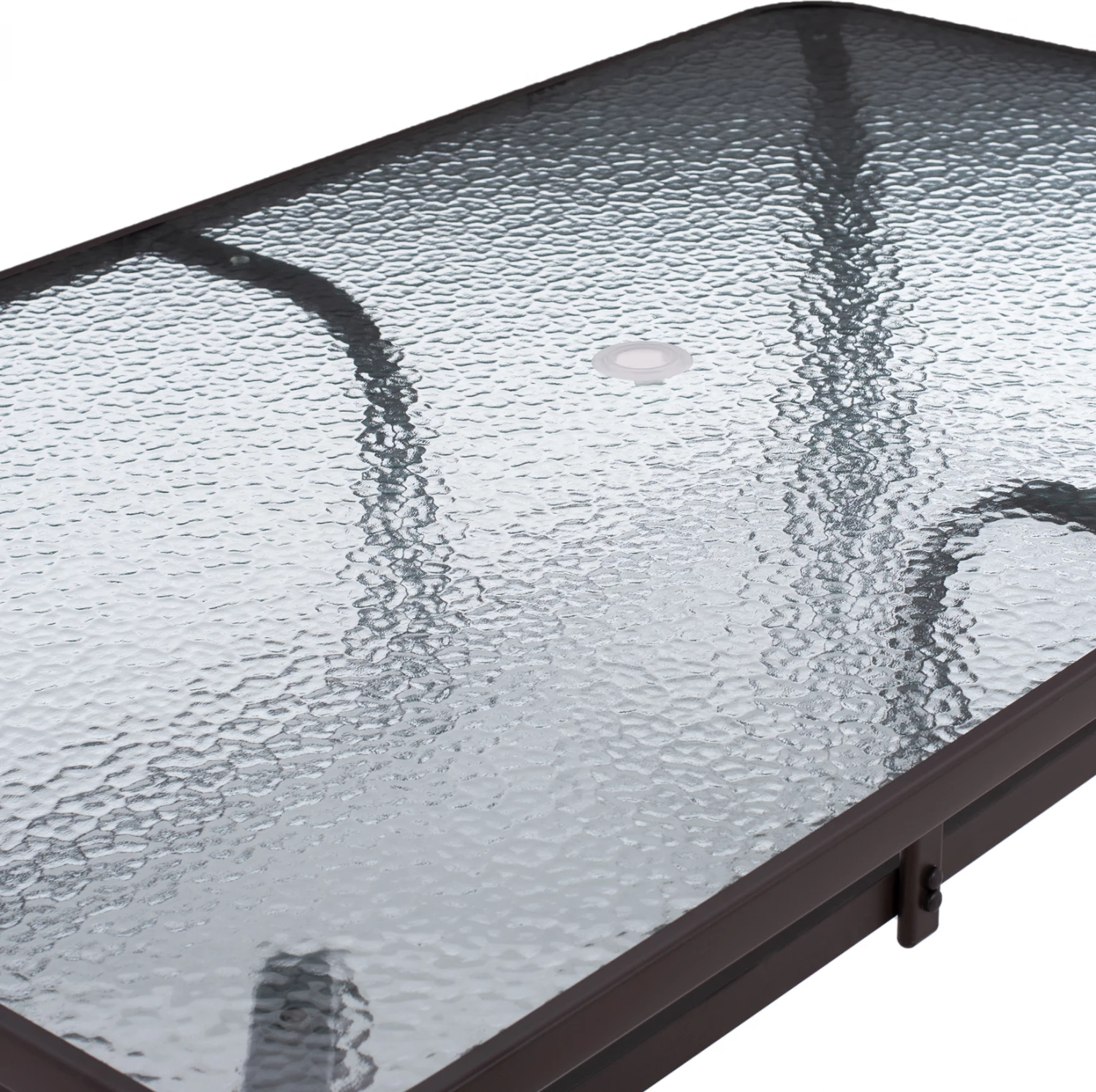 Pravokotna kovinska miza 150x90x75 cm v rjavi barvi z luknjo za dežnik D38 cm