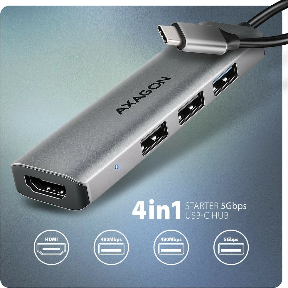 Večportni USB razdelilec 4 v 1 AXAGON HMC-H3A, 5 Gbps, 3x USB-A + HDMI 4K, kovinsko ohišje, USB-C, siv