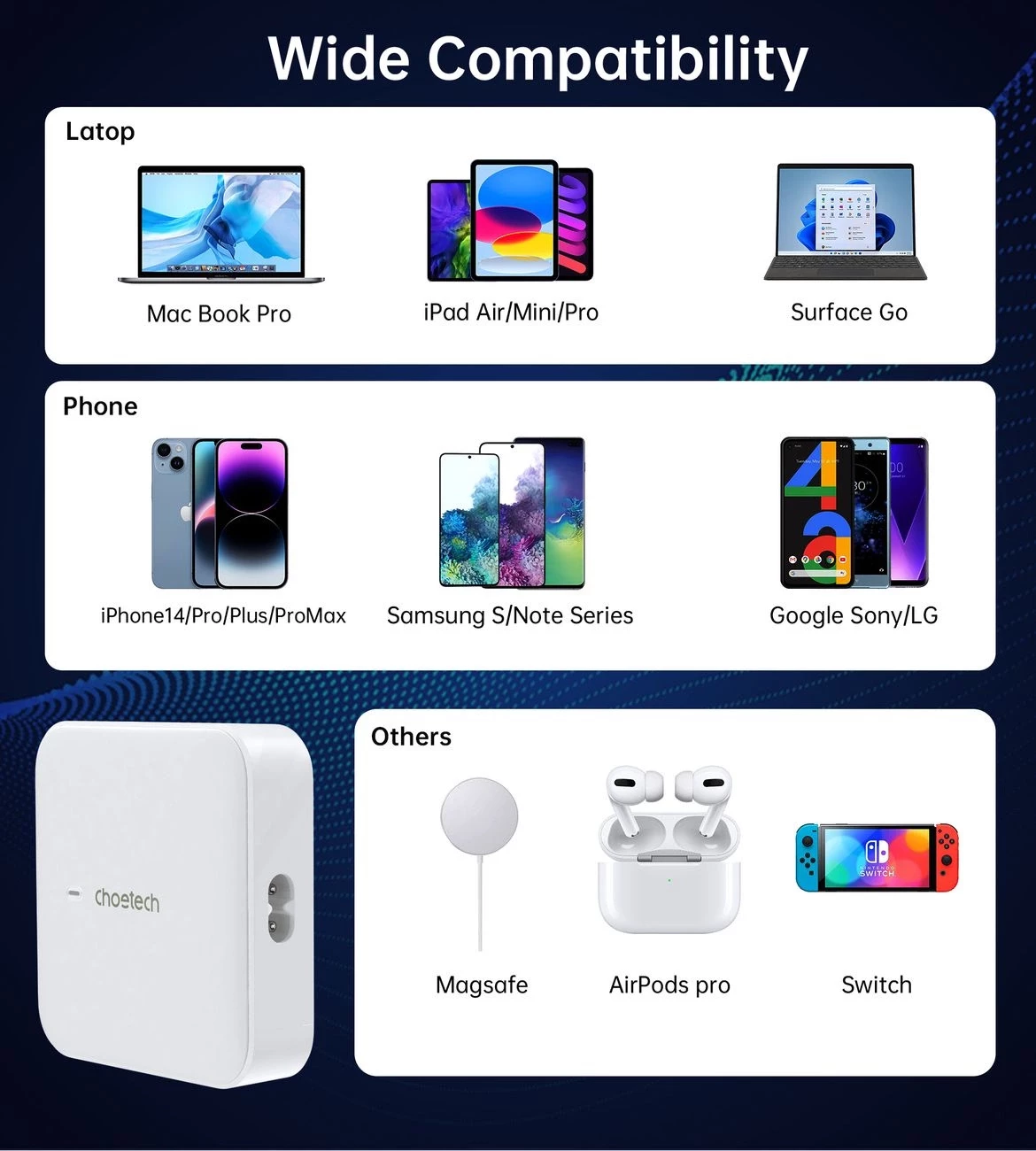 Stenski polnilec Choetech PD8008, 100W, 2x USB-C, 2x USB-A, bel
