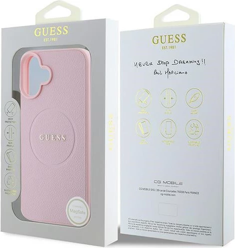 Ovitek za telefon z zrnato zlatim obročem MagSafe za iPhone 16 Plus, Guess, rožnat