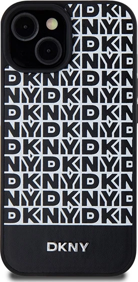 Ovitek za telefon iz umetnega usnja z natisnjenim vzorcem, kovinski logotip, MagSafe — DKNY za iPhone 15/14/13, črn
