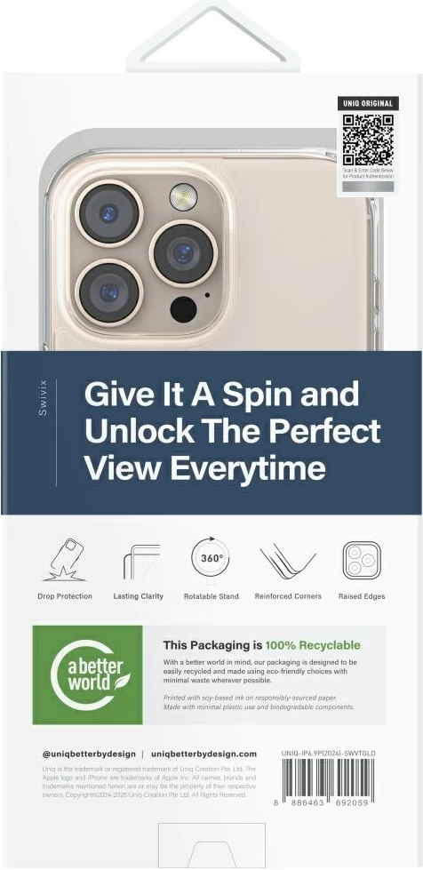 Ovitek za telefon Swivix 360 z vrtljivo nogo za iPhone 16 Pro Max, UNIQ, zlata