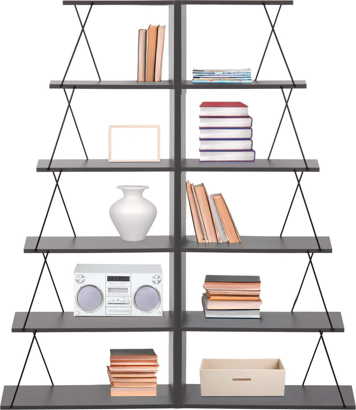 Komplet 2 kosov knjižnih omar MINI TARS FH11772.20 melamin v sivi barvi-črne kovinske palice 65x24x146Hcm.(x2)