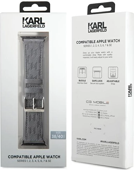 Eleganten srebrn pašček Karl Lagerfeld Saffiano Monogram za Apple Watch 38/40/41 mm