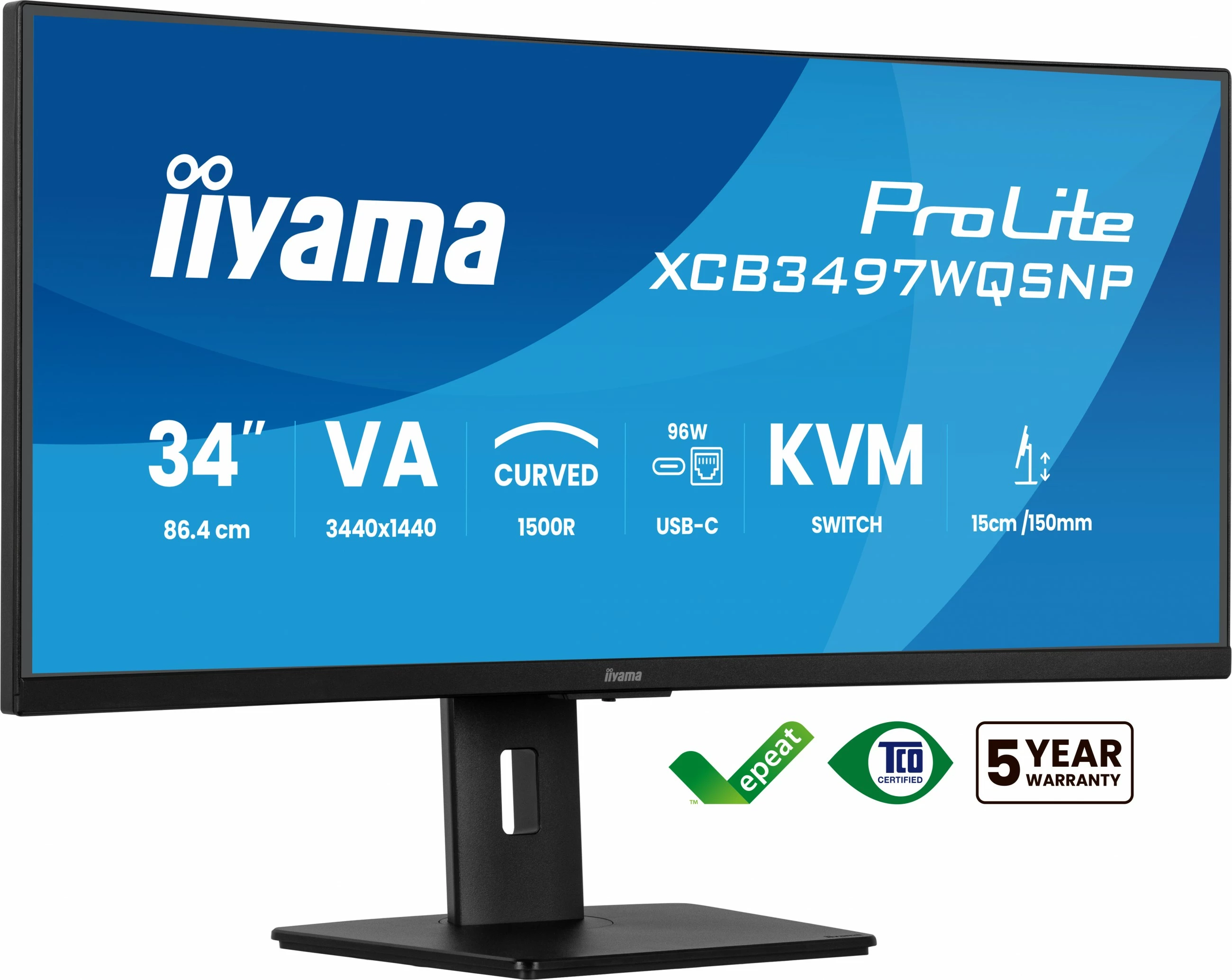 Ukrivljen 34" UltraWide Quad HD monitor iiyama ProLite XCB3497WQSNP-B1, LED, črn