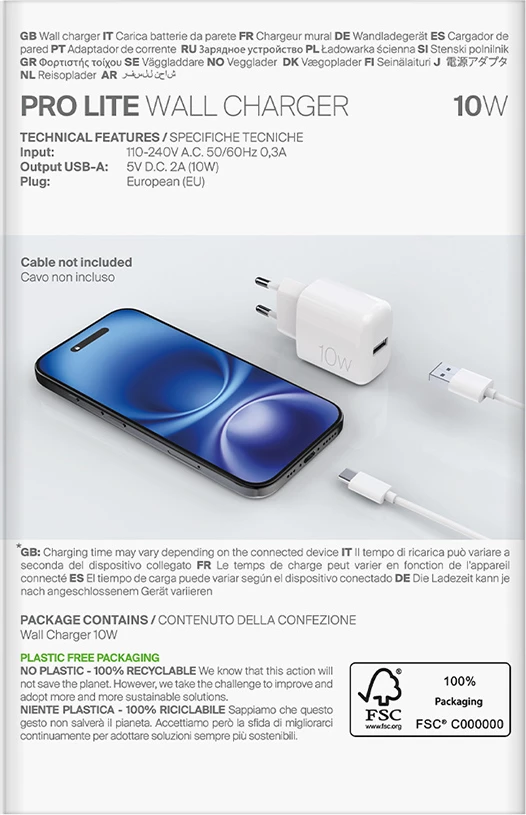 Stenski polnilec Puro PROLITE 10W, USB-A, bel