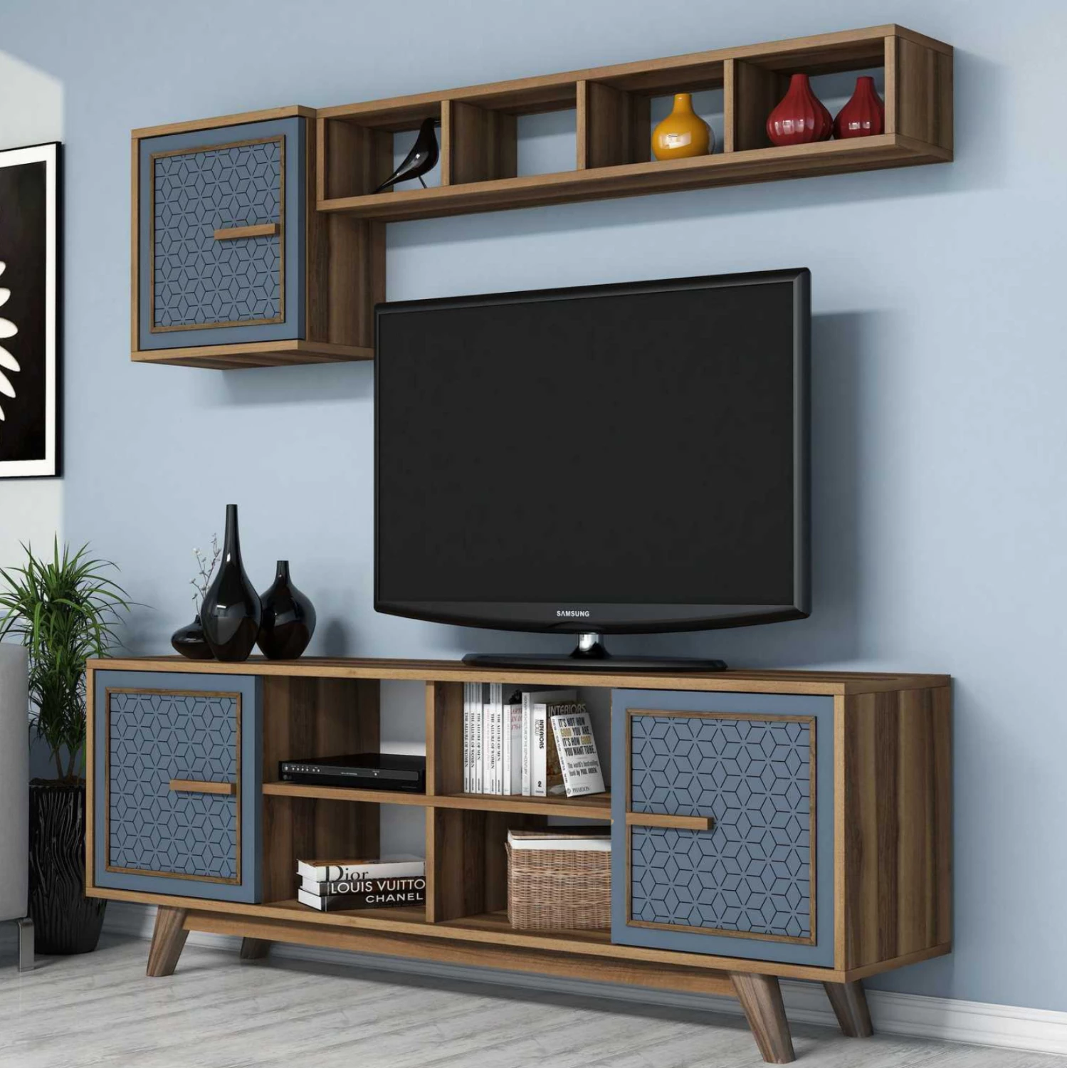 Komplet pohištva za TV FH9513.02 iz melamina v barvi oreha in modri barvi 160x35x56.2Hcm