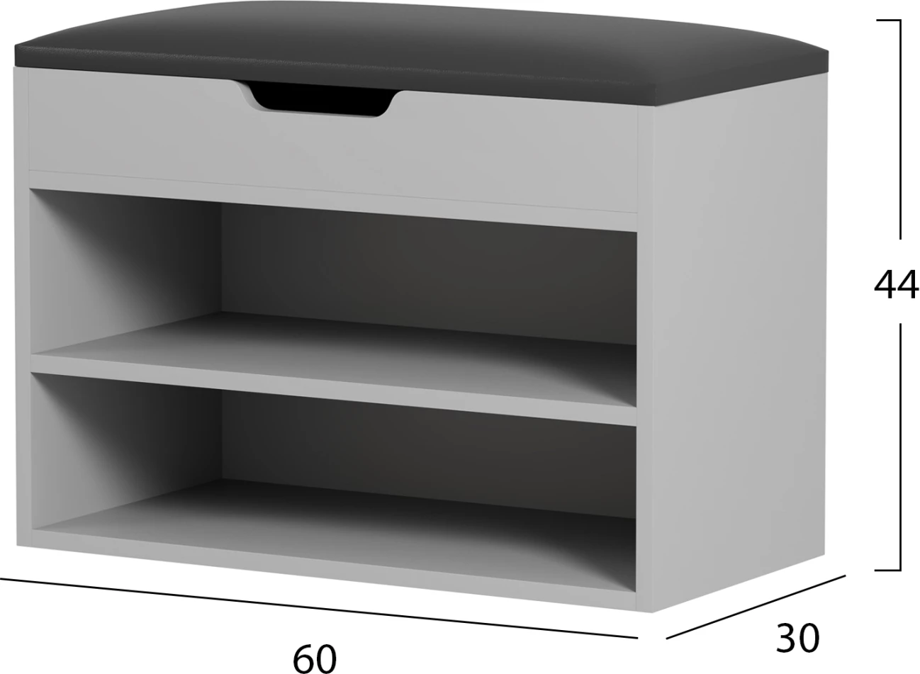 Polica za čevlje z sediščem ROMIR FH2477.05, melamin siva-antracit, sedišče PU, 60x30x44 cm