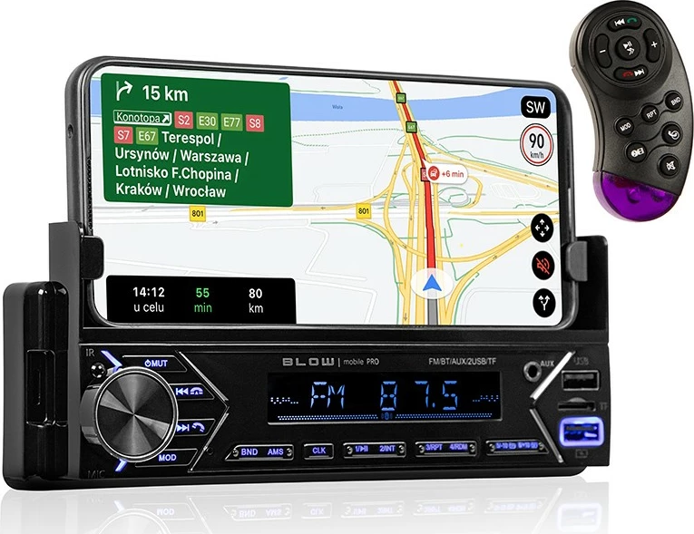 Avtoradio z držalom za telefon BLOW MOBILE PRO 1DIN SMART Mount, Bluetooth, 2x USB, microSD, črn