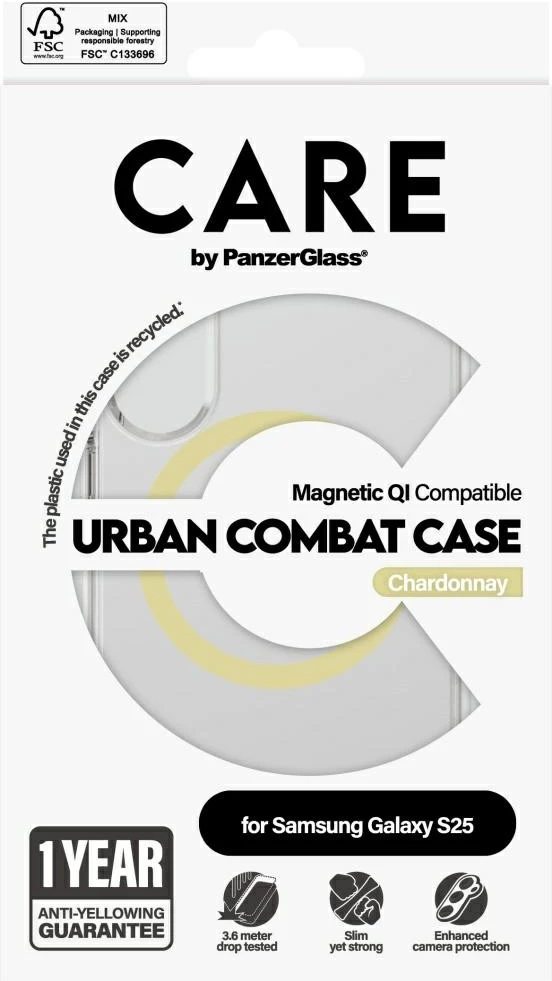 Ovitek za telefon PanzerGlass CARE Urban Combat Chardonnay za Samsung Galaxy S25, prozoren