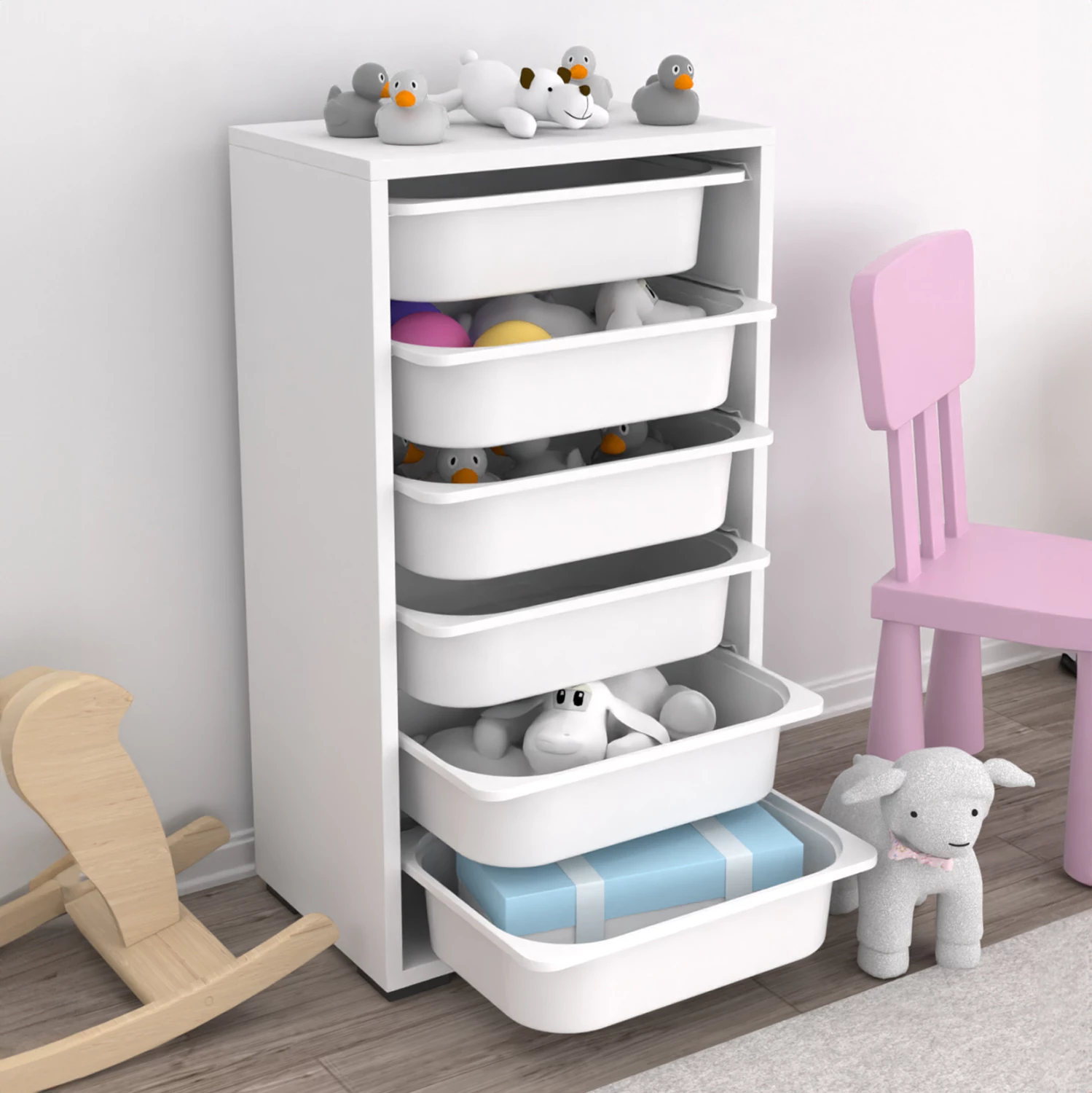 Komoda SANI FH18215.01 melamin v beli barvi - 6 belih P.E. predalov 45,5x30x83H cm