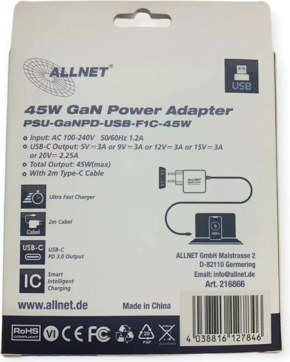 45W USB-C polnilec s 2 m kablom, ALLNET, EU vtič