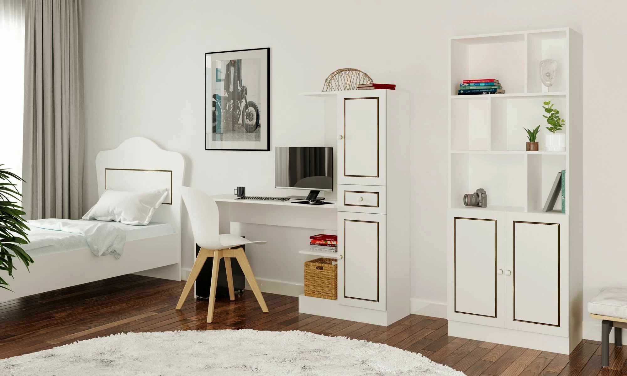 Delovna miza z regalom za knjige, mat bela, Skye Decor, Rb-116