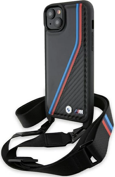 Ovitek za telefon iPhone 15/14/13, BMW M Edition Carbon Tricolor Lines & Strap, črn