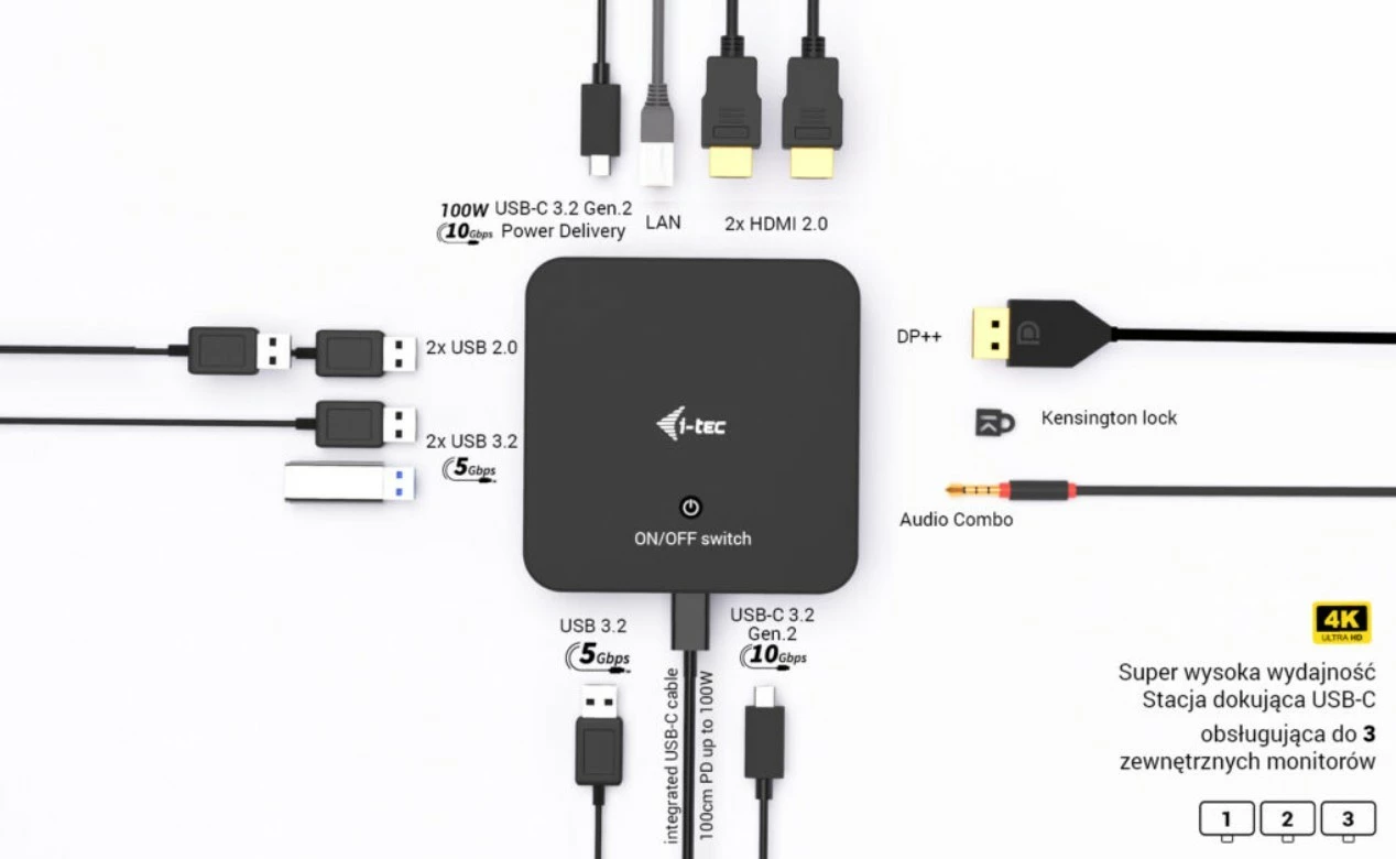 Docking računalniško ohišje i-tec C31TRIPLEVIDEODPPRO, 100 W Power Delivery, 2x HDMI, 1x DisplayPort, 6x USB, LAN, črno