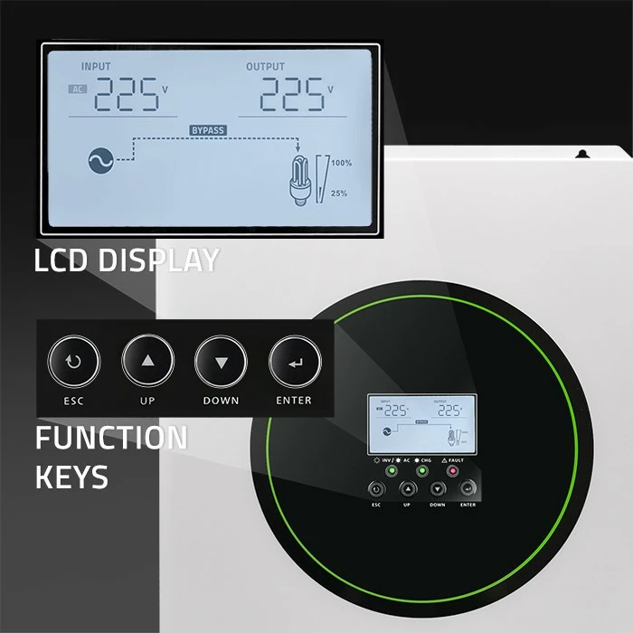 Hibridni solarni inverter Qoltec 53866, 6200W, 120A, 48V, MPPT, BMS, sinus, Wi-Fi, bel/zelen