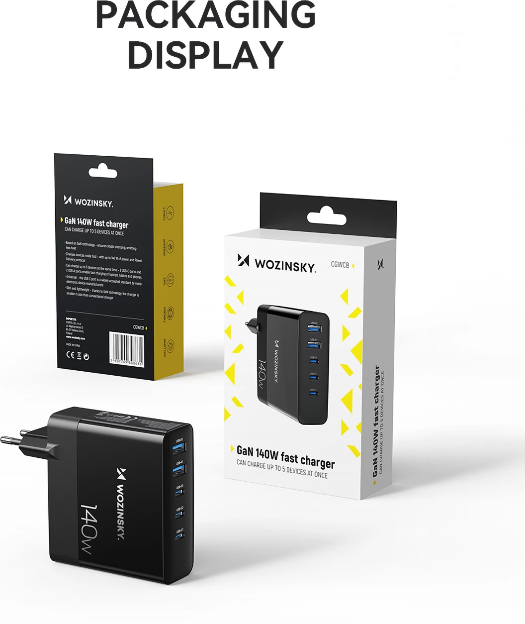 Stenski polnilec 140W, 3x USB-C, 2x USB-A, črn, Wozinsky CGWCB