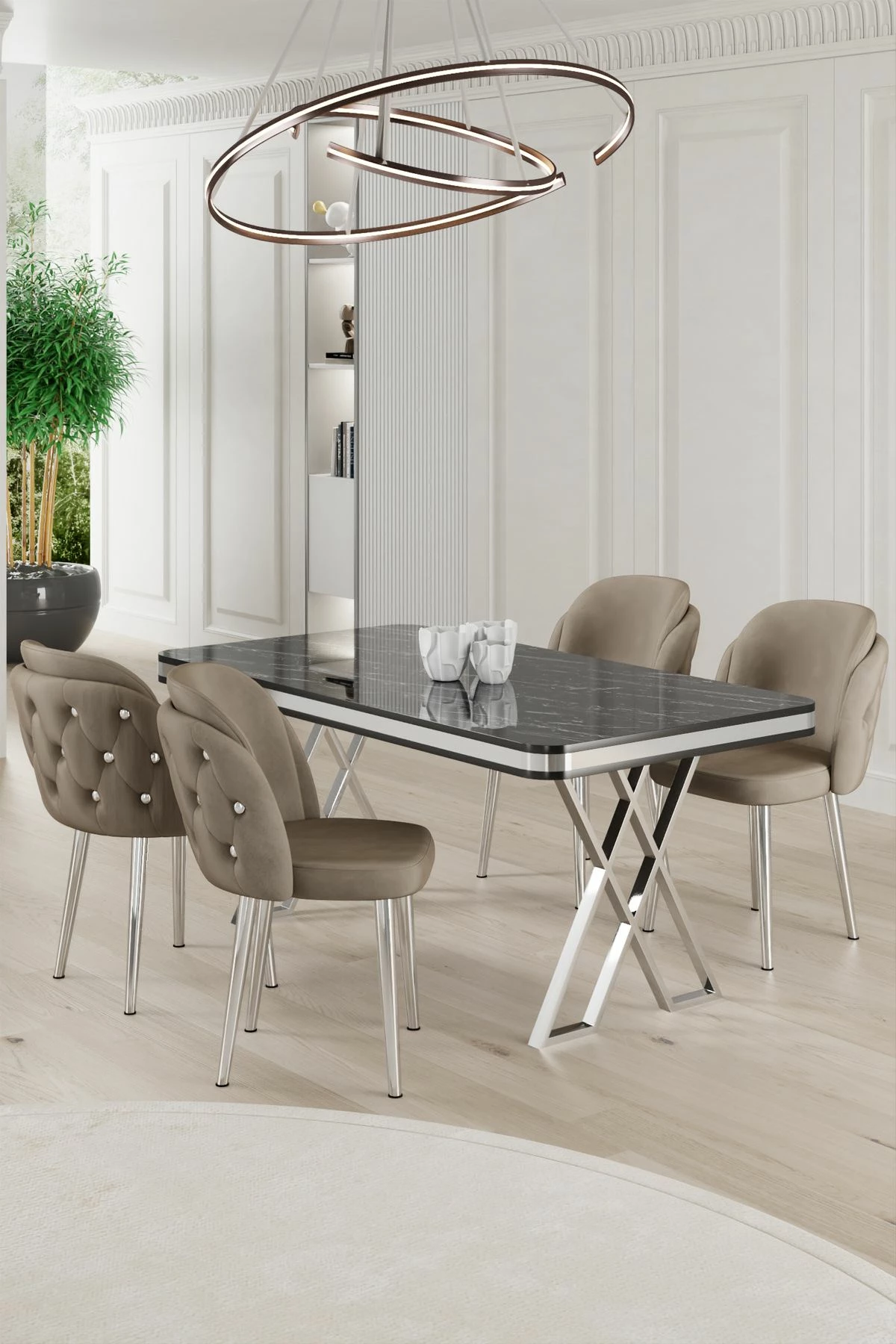 Set jedilne mize z 4 stoli, Skye Decor Rigel, črni marmor, krom, cappuccino