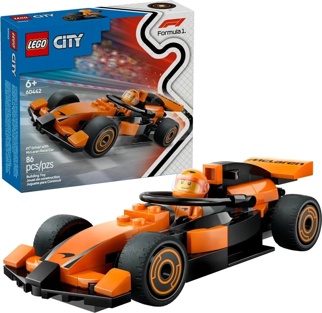 Set LEGO City 60442, dirkač F1 z avtom McLaren, oranžen