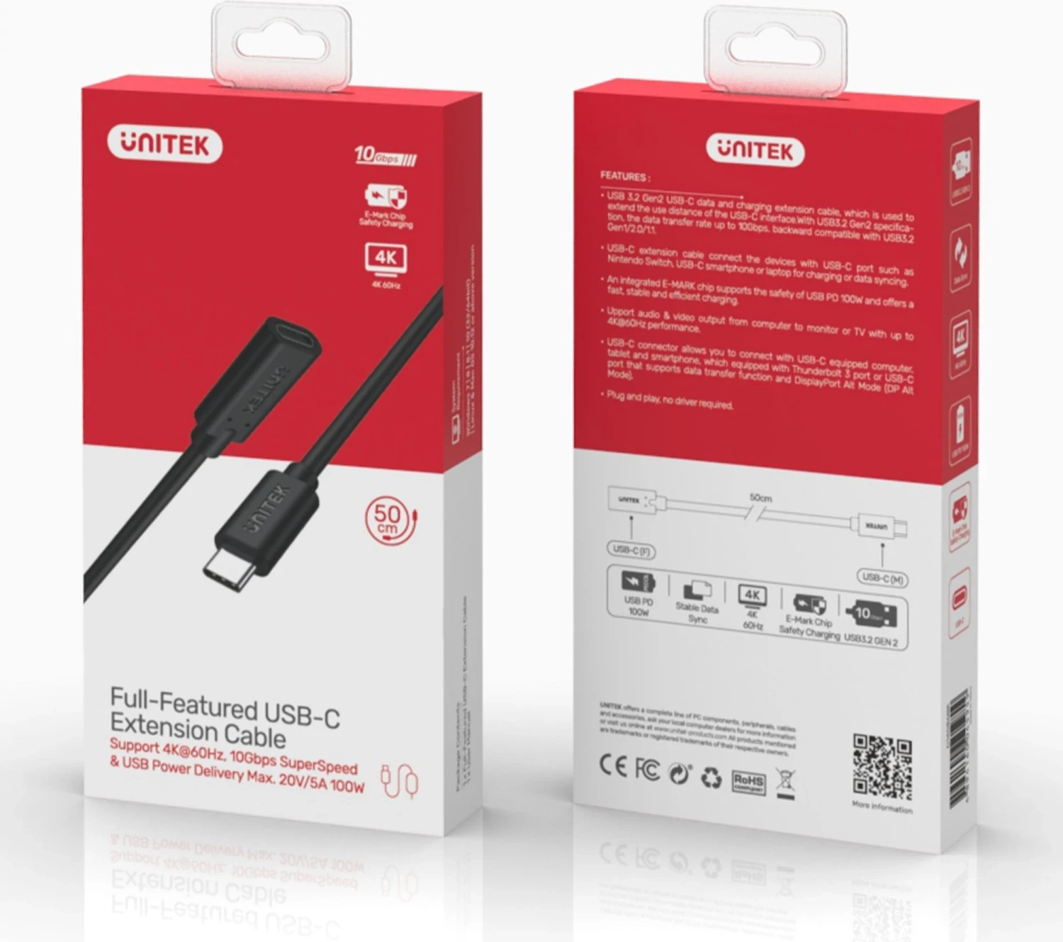 Podaljšek USB-C 10Gbps, 4K, PD 100W, 1,5 m, Unitek, črn
