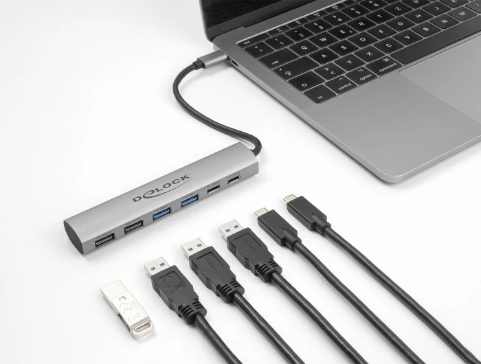6-portni USB razdelilec, aluminij, USB 3.2 Gen 1, Type-A + Type-C, siv DeLOCK