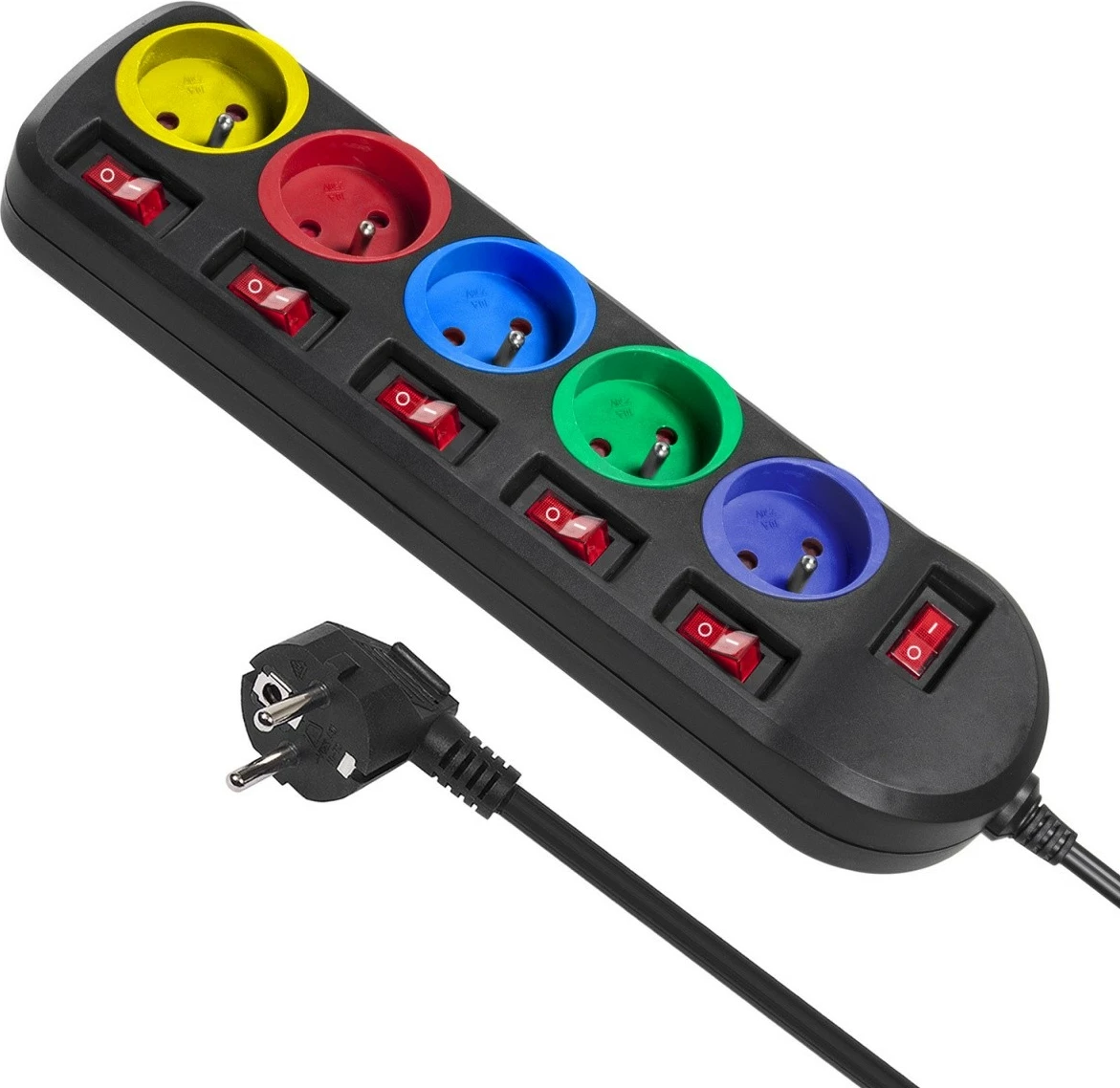 Večbarvna električna razdelilna doza Maclean MCE204M, 5 vtičnic, 1,5 m, z individualnimi stikali