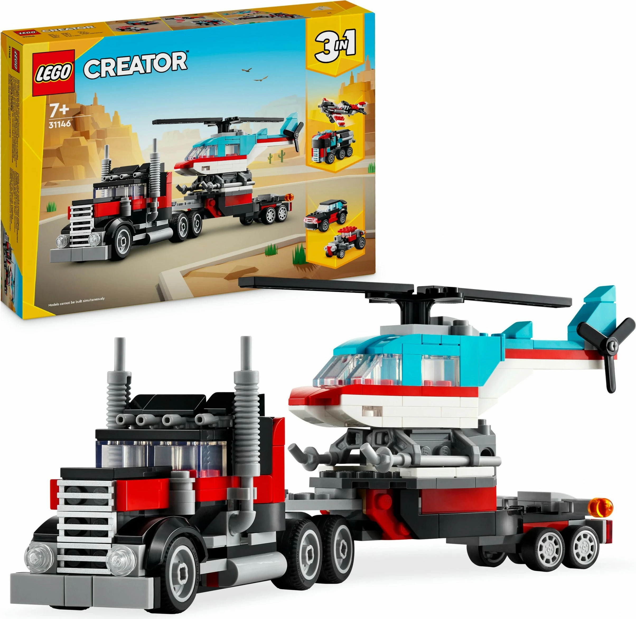 Set za gradnjo LEGO Creator 3 v 1, tovornjak s platformo in helikopter, 270 kosov, večbarven