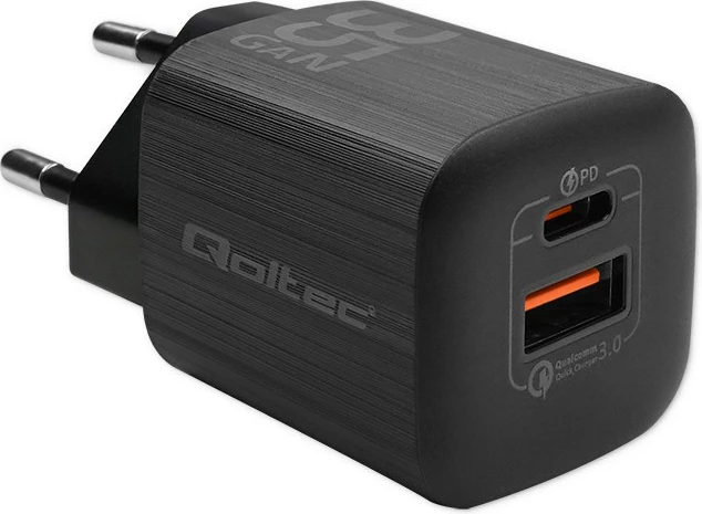 Stenski polnilec 35 W, 1x USB Type-C PD, 1x USB, črn, Qoltec 50764