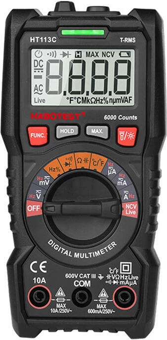 Digitalni multimeter Habotest HT113C, True RMS 6000 števcov, NCV, 10A, CAT III 600V, črn