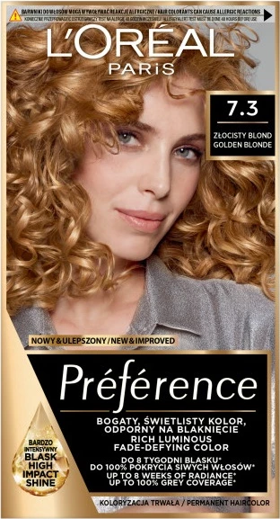 Barva za lase, L'Oreal Paris Préférence 7.3 Golden Blonde, za ženske, 1 kos