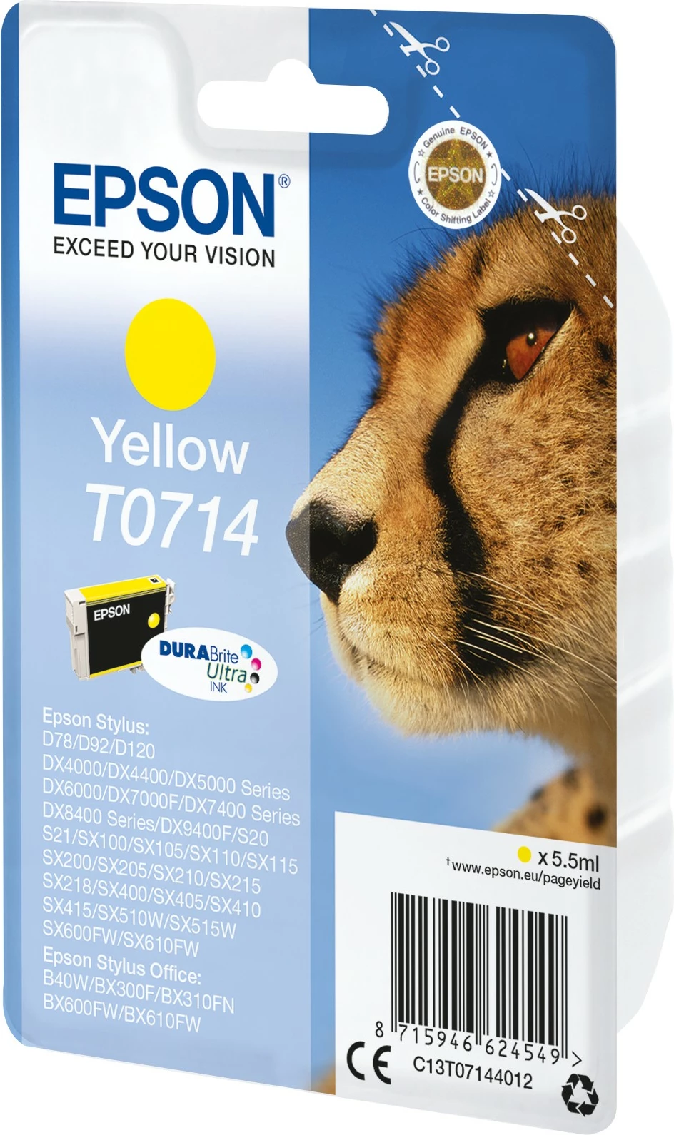 Toner za tiskalnik Epson T0714 DURABrite Ultra, rumen, standardna zmogljivost, 5.5 ml