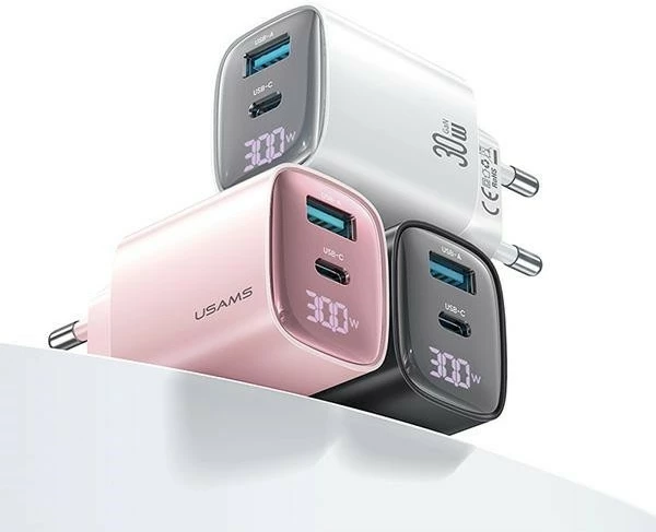 Omrežni polnilec, 30W, GaN, 1x USB, 1x USB-C, z digitalnim zaslonom, USAMS CC229, bel