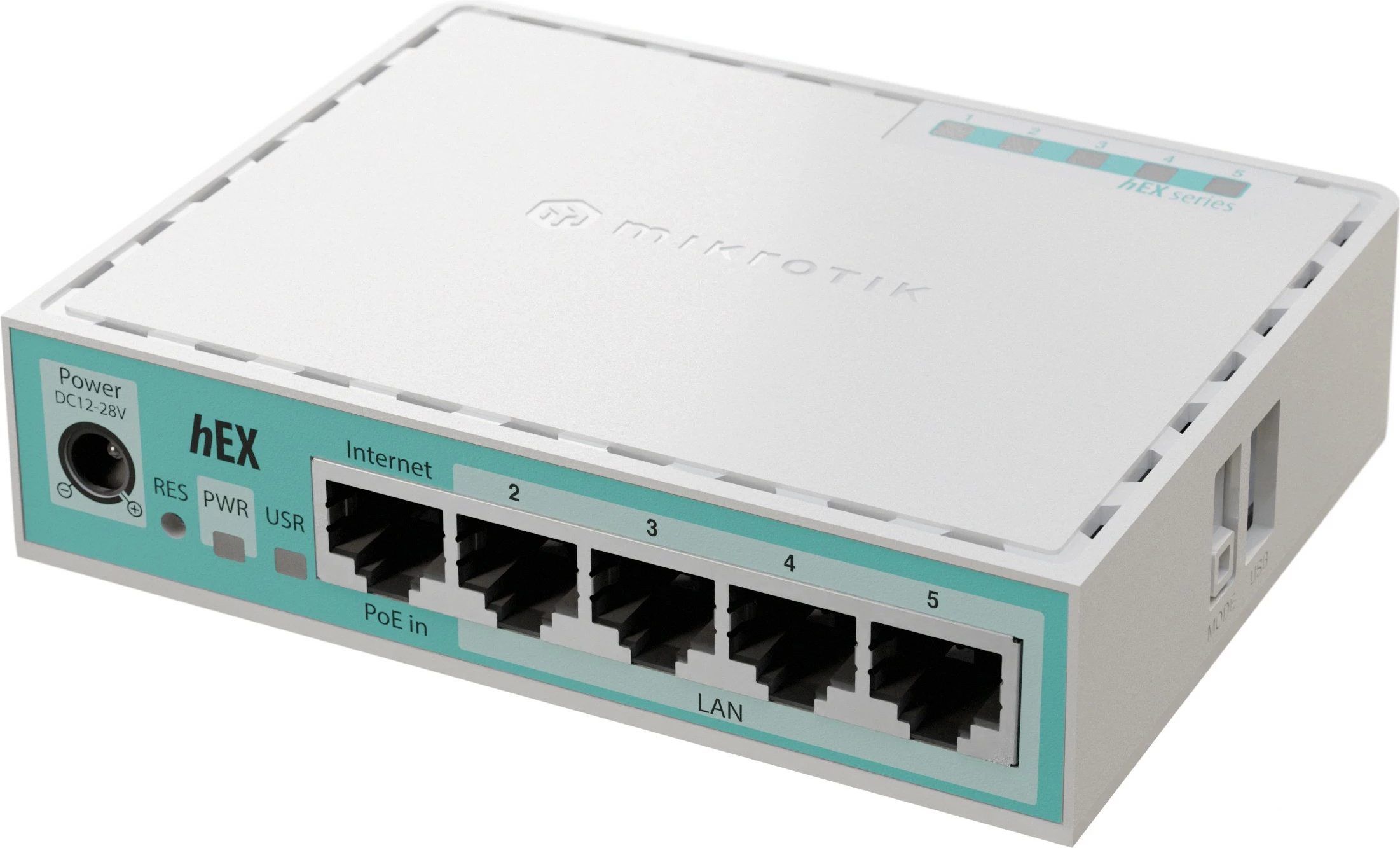 Kompakten usmerjevalnik MikroTik hEX, 512 MB RAM, 5× Gigabit Ethernet, USB 2.0, bel
