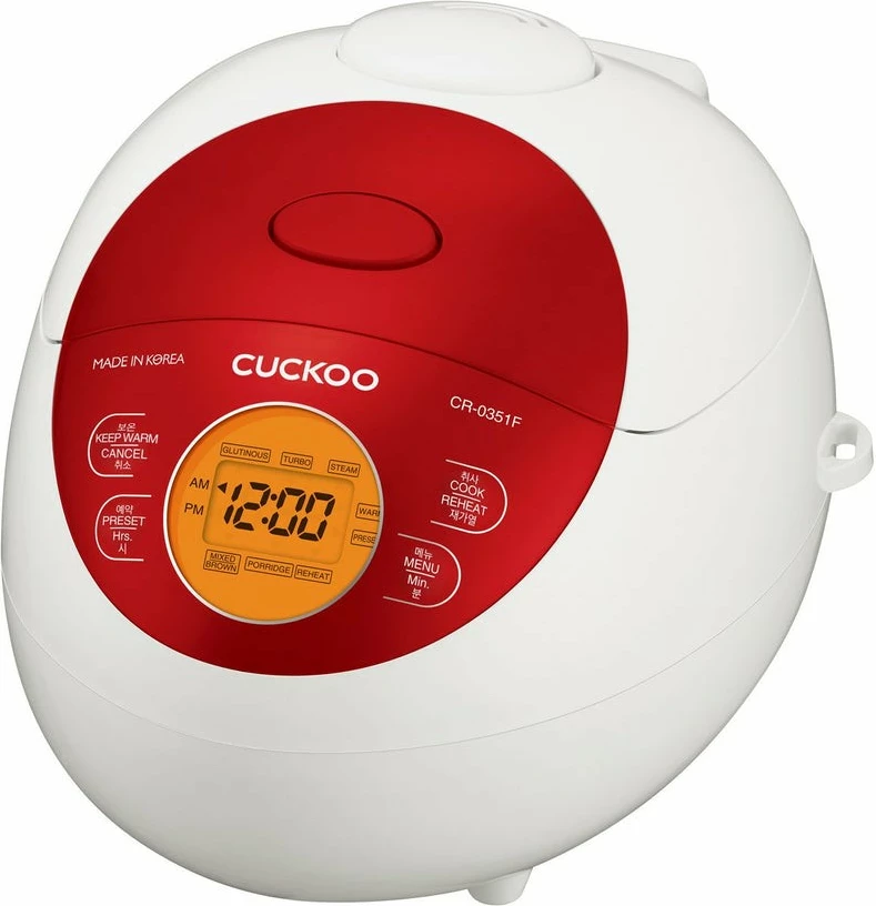Električni kuhalnik riža Cuckoo CR-0351F, 0,54 L, LCD zaslon, rdeče/belo
