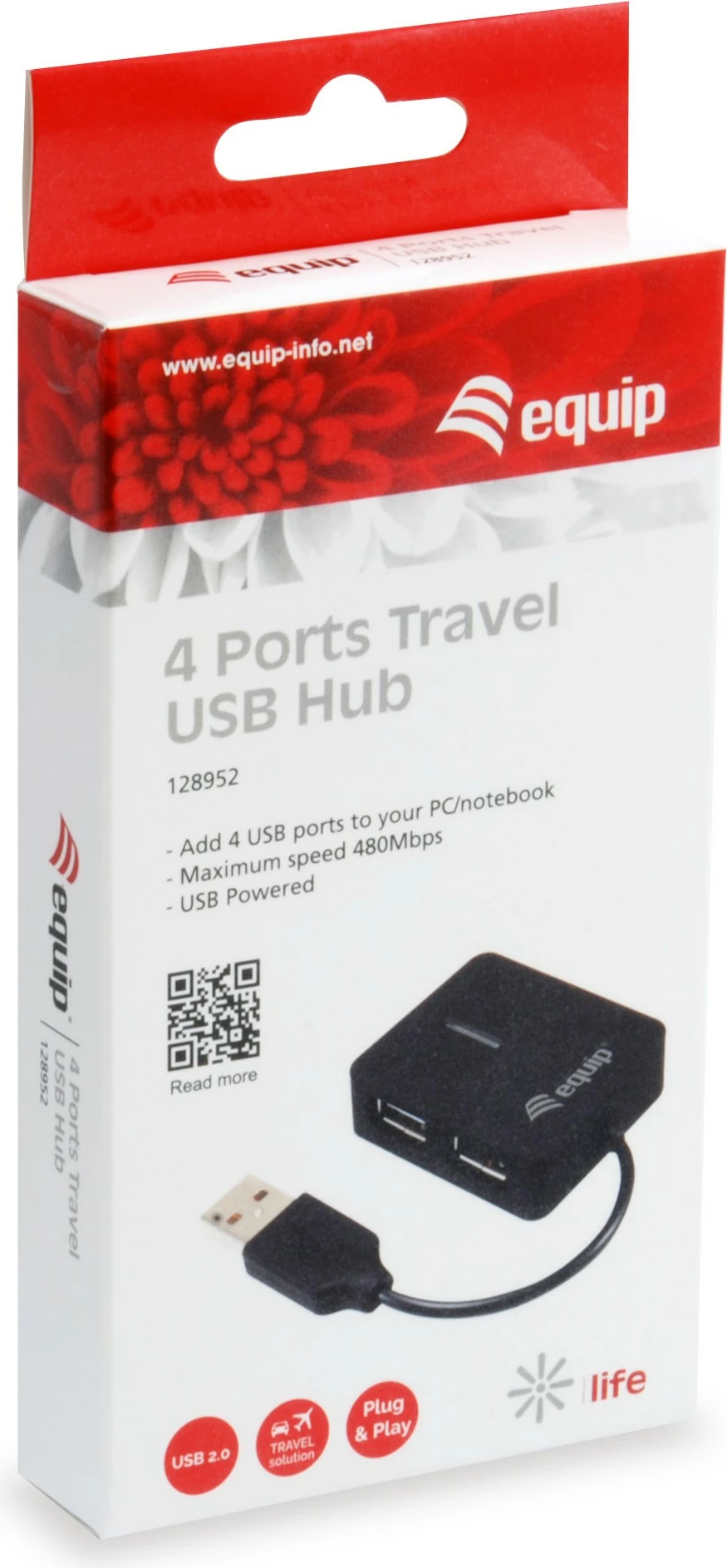 USB hub s 4 vrati Equip 128952, USB 2.0, 480 Mbit/s, črn