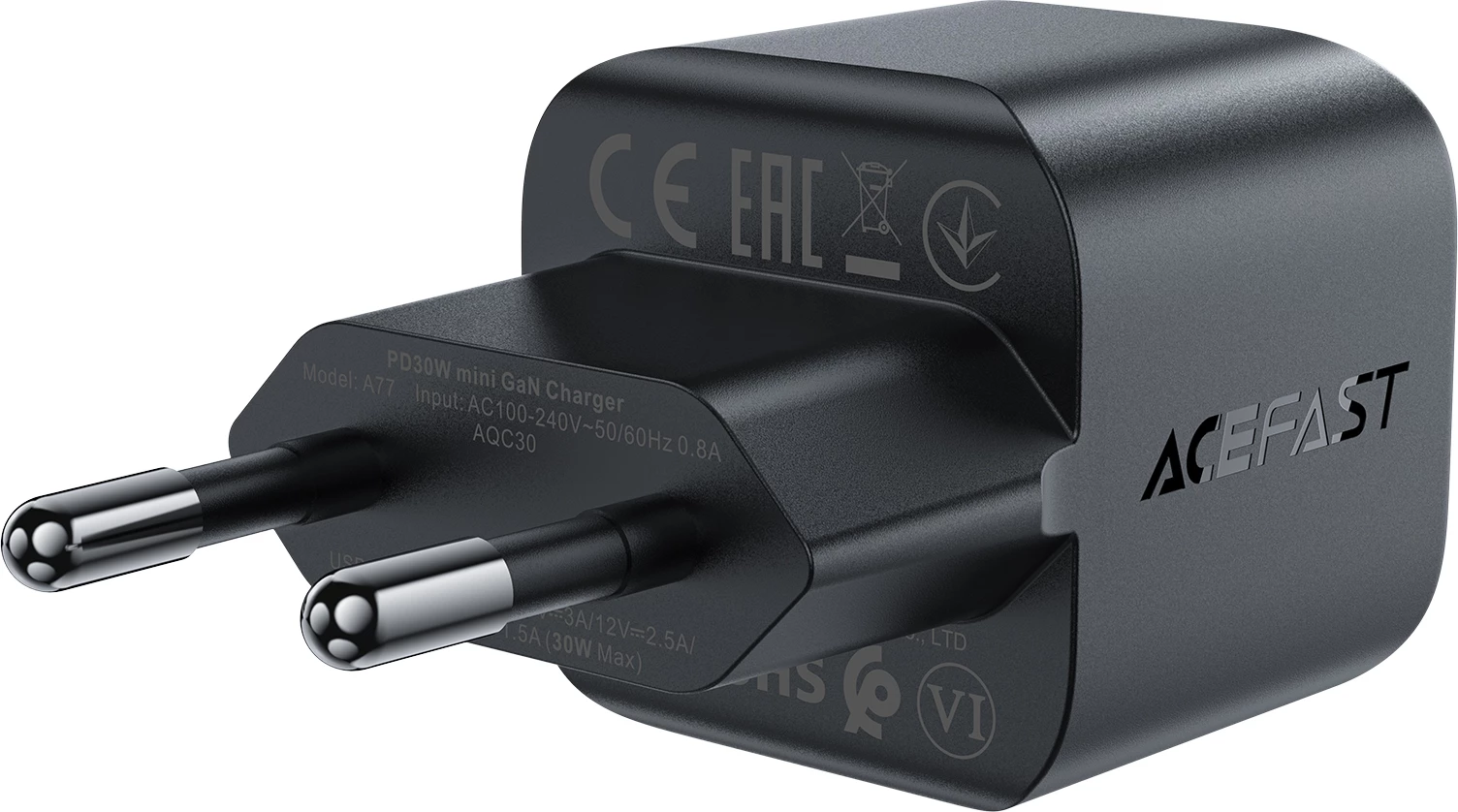 Stenski polnilec GaN Acefast A77, 30W, USB-C, črn