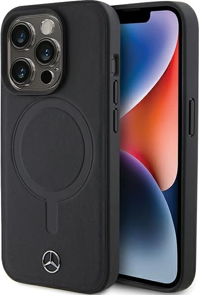 Ovitek iz gladkega usnja MagSafe, Mercedes, za iPhone 15 Pro, črn