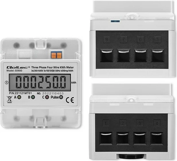 Trofazni merilnik energije Qoltec 50900, LCD, montaža na DIN letev, siv