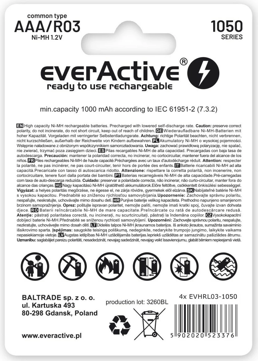 Polnilne baterije everActive EVHRL03-550, AAA, 550 mAh, 4 kosa