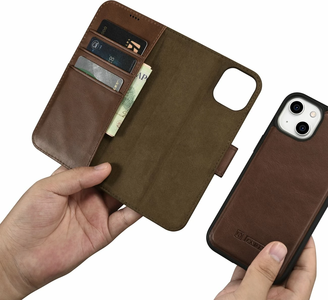 Ovitek 2-v-1 Oil Wax Wallet za iPhone 14 Plus, iCarer, naravno usnje, Anti-RFID, rjav
