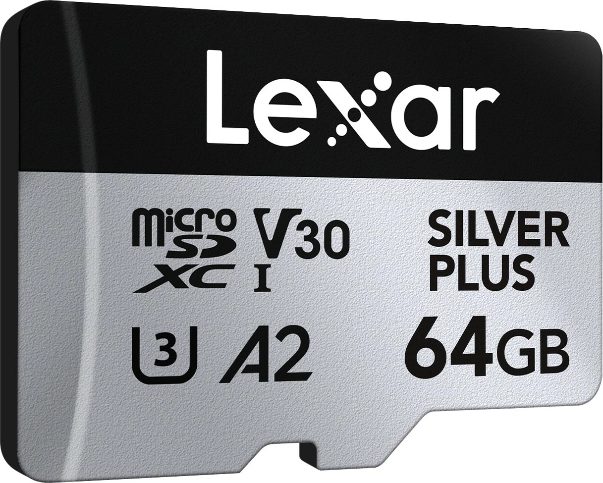 MicroSD pomnilniška kartica Lexar LMSSIPL064G-BNANG 64GB UHS-I A2 U3 V30 205/100 MB/s s SD-adapterjem Silver Plus