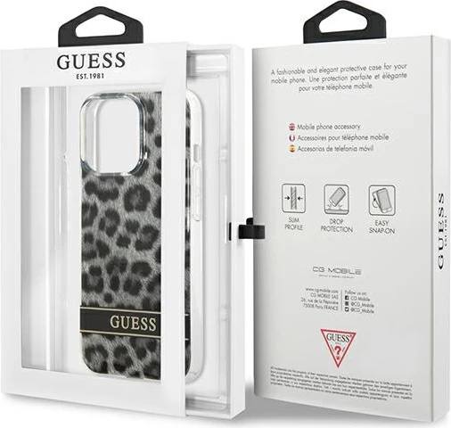 Ovitek z leopard vzorcem za iPhone 13/13 Pro 6,1", trdo ohišje, siva - Guess GUHCP13LHSLEOK