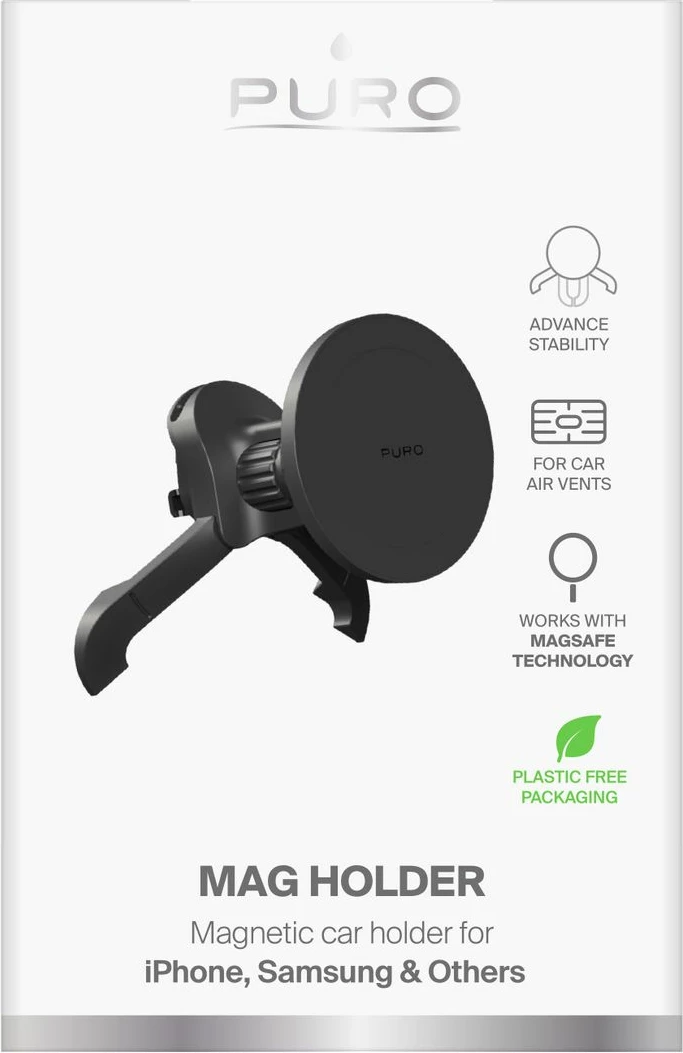 Magnetni nosilec za pametni telefon za rešetko ventilacije, MagSafe — Puro PUSH12MAGBLK, črn