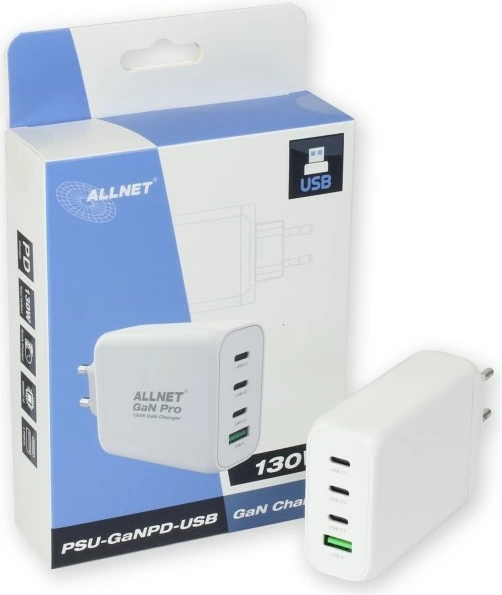 Močnejši polnilec 130W, ALLNET GaN, 1x USB Typ-A QC, 3x USB Typ-C, bel