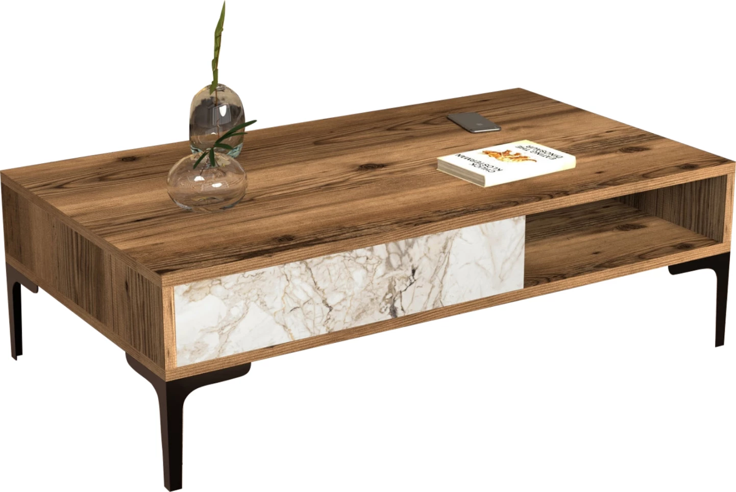 Klubska mizica FH9503.05 melamin oreh-beli marmor videz & kovinske noge 105x60x32.6Hcm